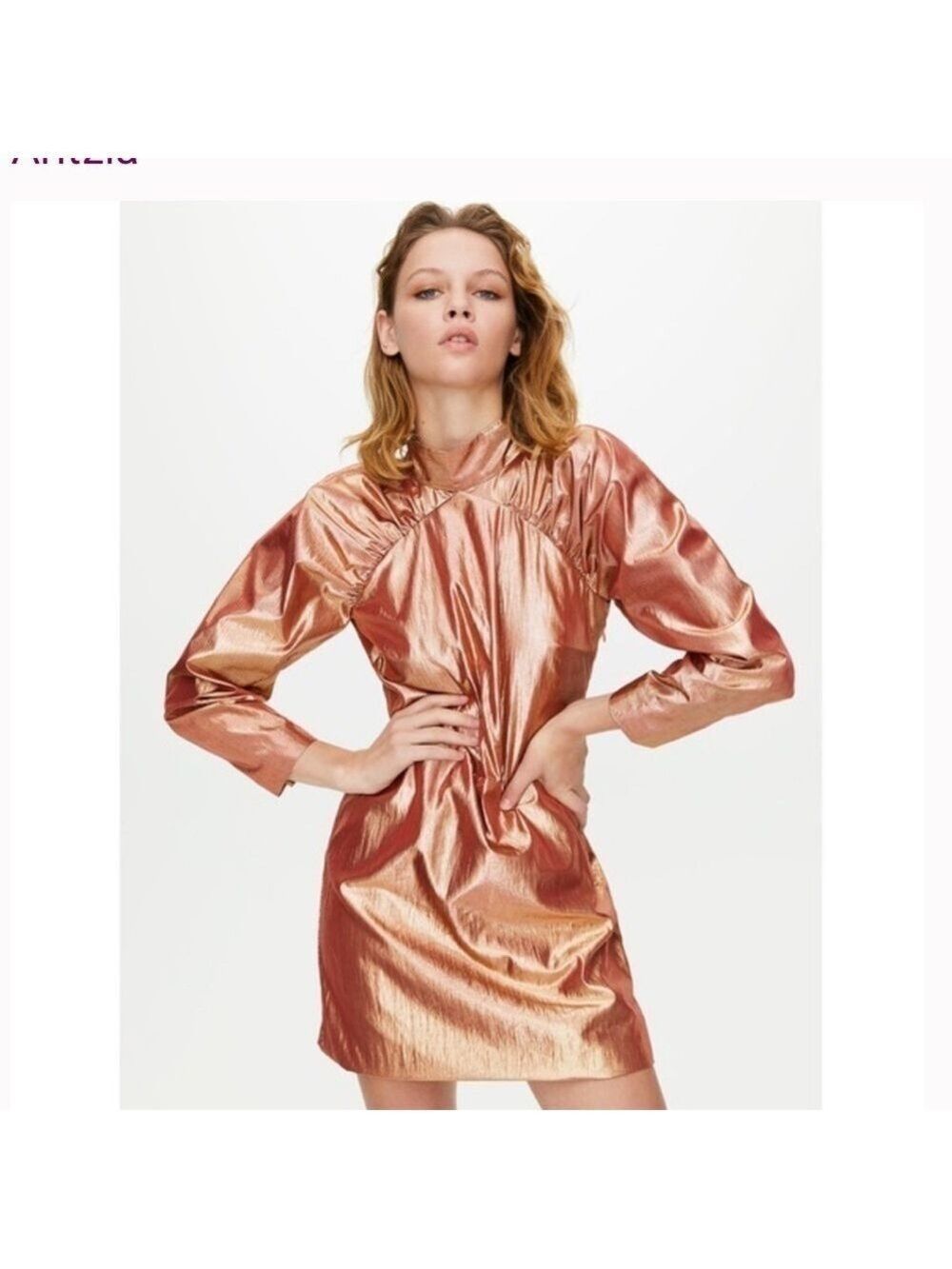 Aritzia Little Moon Sangria Metallic Long Sleeve Mini Dress in Copper Sz 2